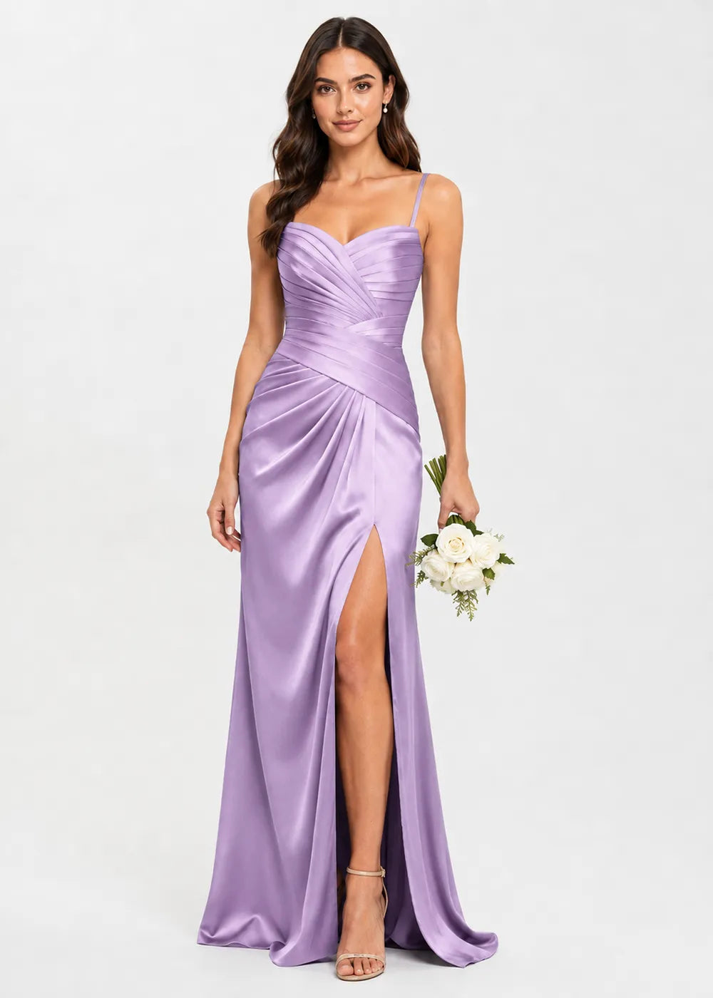 Valencia High-Slit Ruched Satin Evening Dress