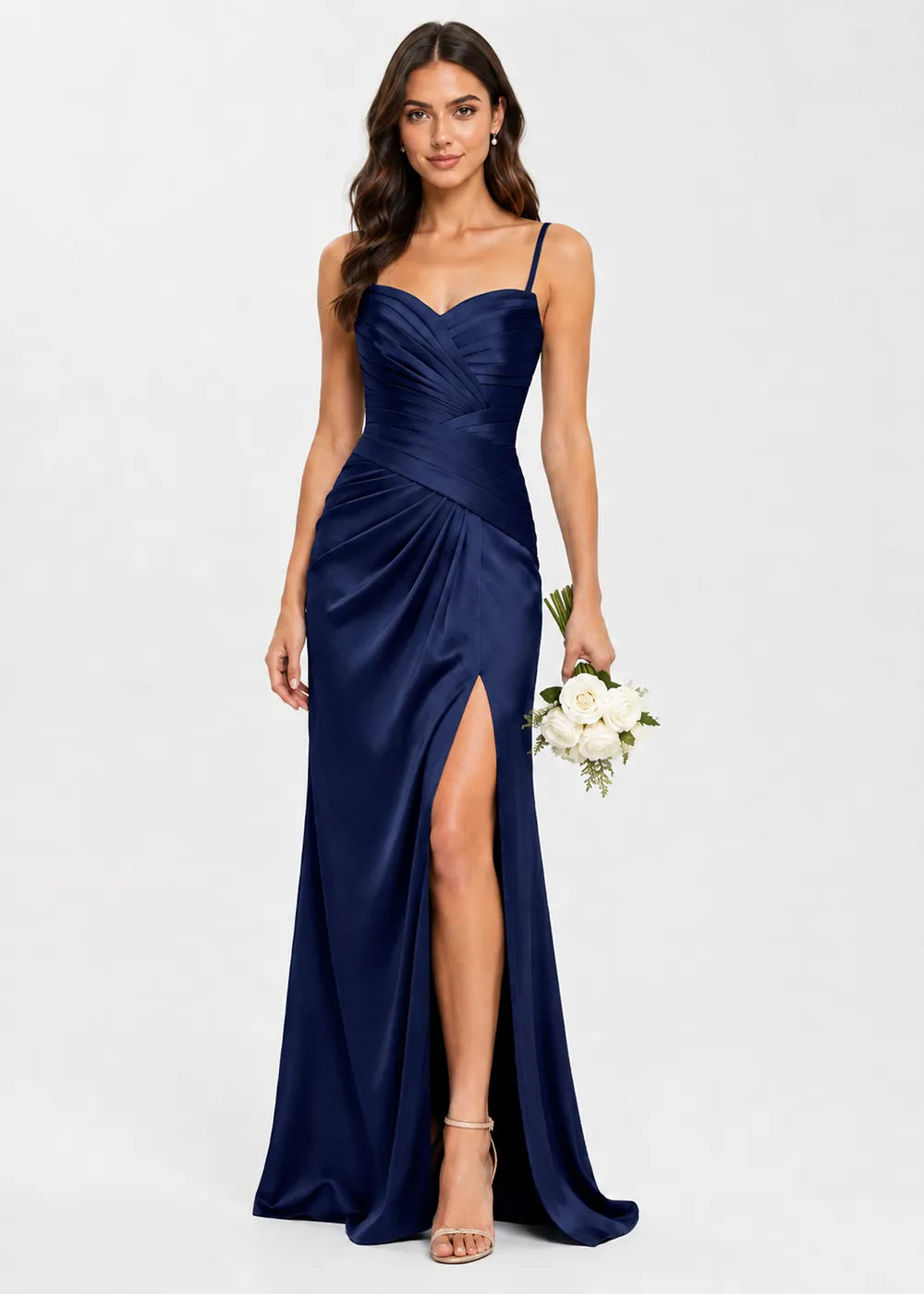 Valencia High-Slit Ruched Satin Evening Dress