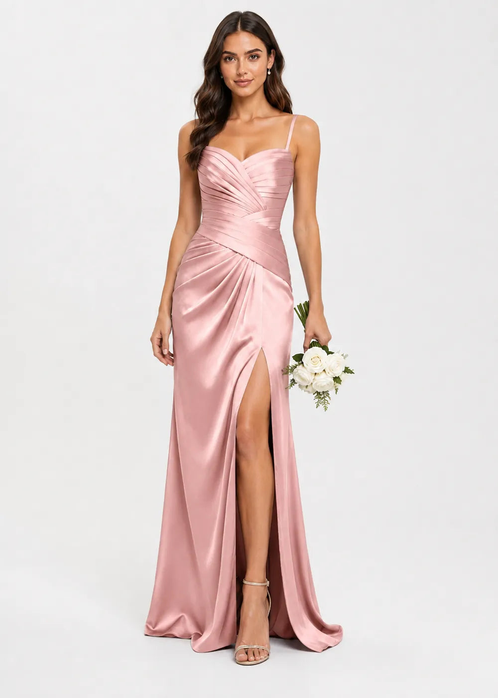Valencia High-Slit Ruched Satin Evening Dress