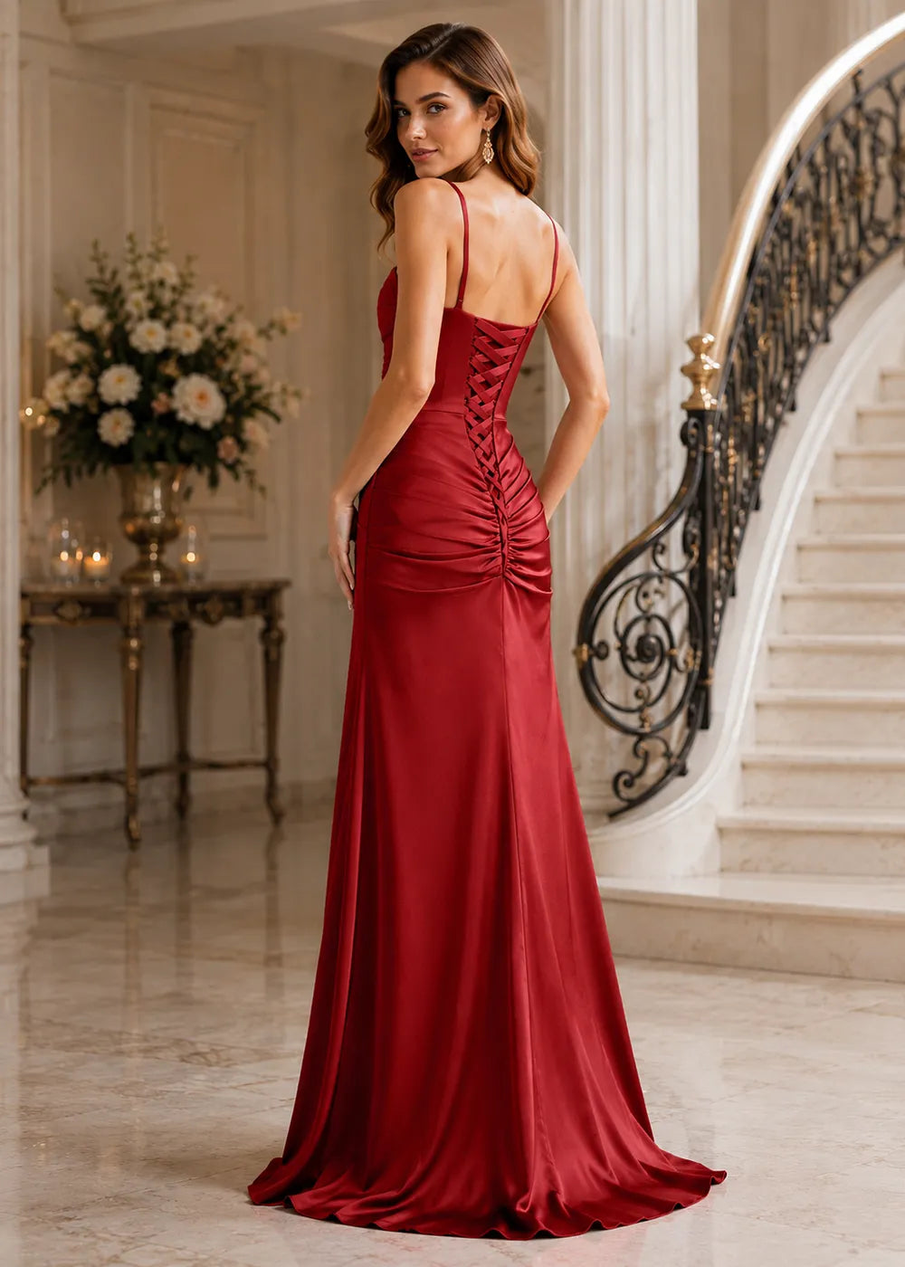 Valencia High-Slit Ruched Satin Evening Dress