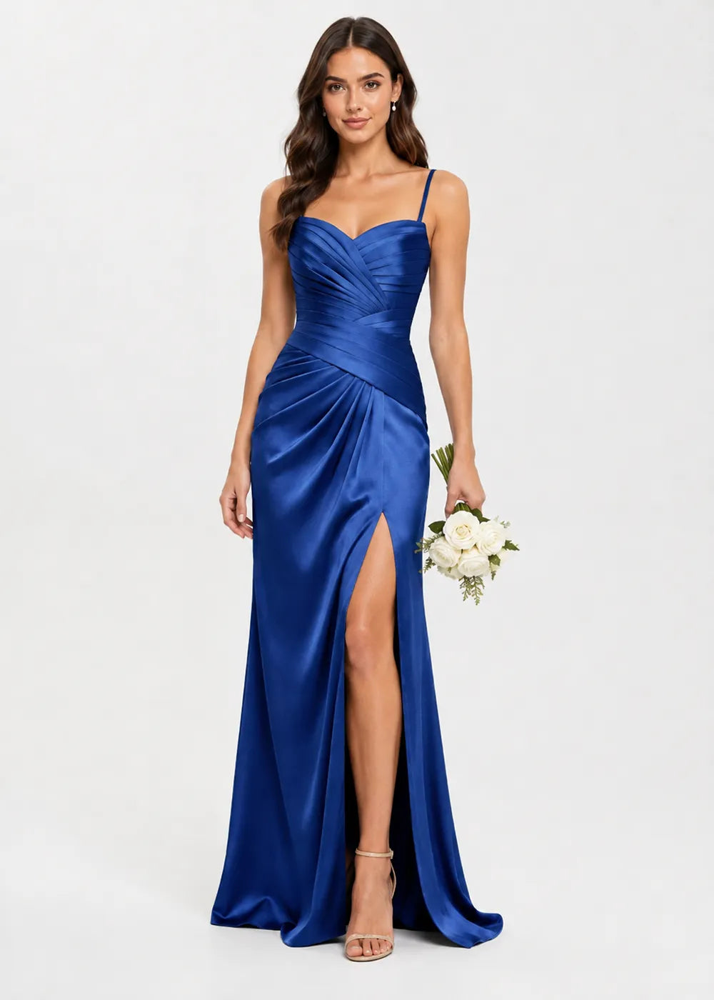 Valencia High-Slit Ruched Satin Evening Dress