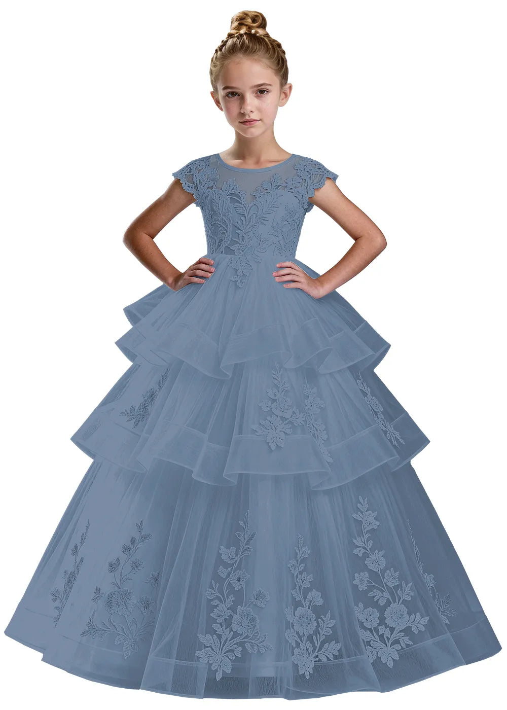 Layered Tulle Ball Gown with Embroidered Skirt for Kids