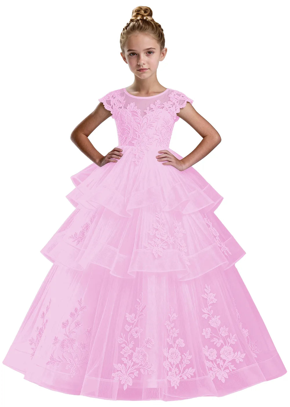 Layered Tulle Ball Gown with Embroidered Skirt for Kids