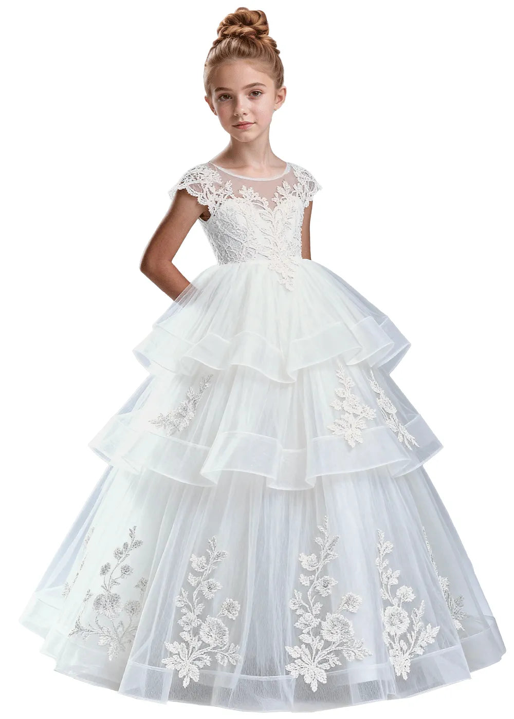Layered Tulle Ball Gown with Embroidered Skirt for Kids