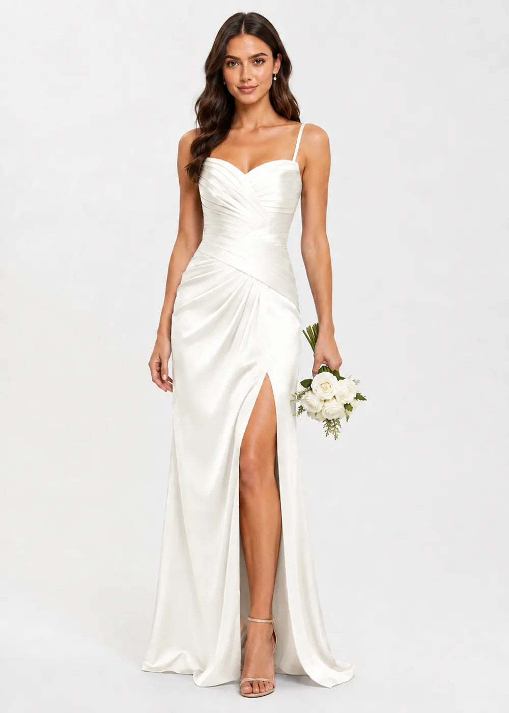Valencia High-Slit Ruched Satin Evening Dress