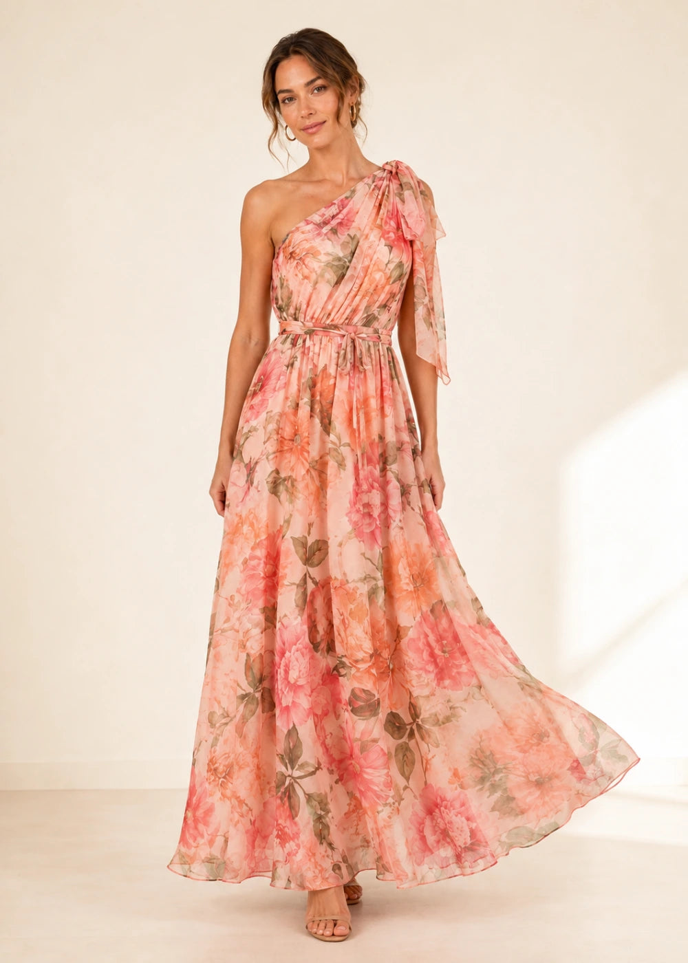 Coral Floral One-Shoulder Chiffon Maxi Dress