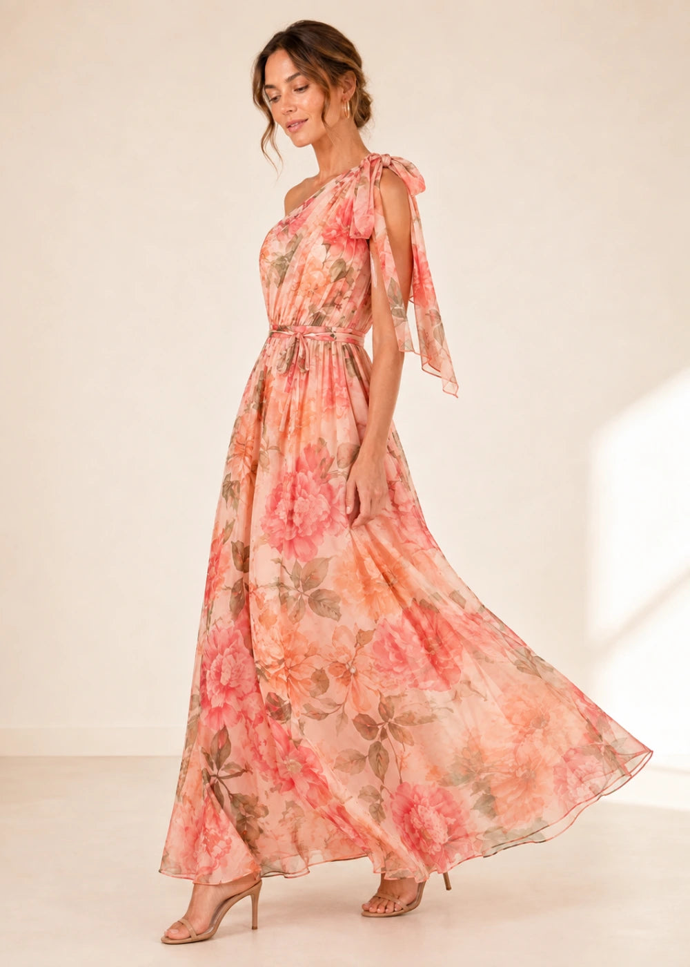 Coral Floral One-Shoulder Chiffon Maxi Dress