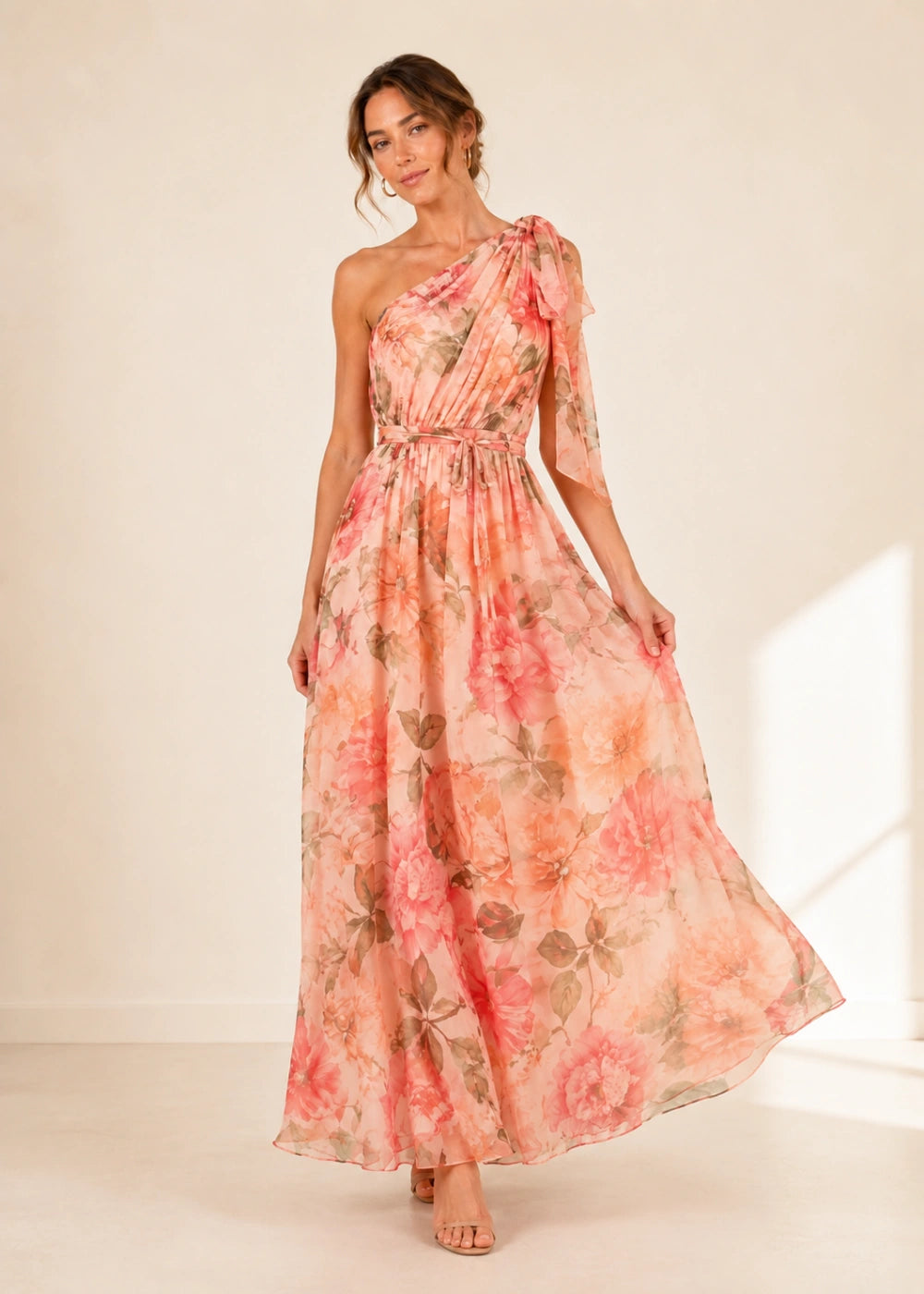 Coral Floral One-Shoulder Chiffon Maxi Dress