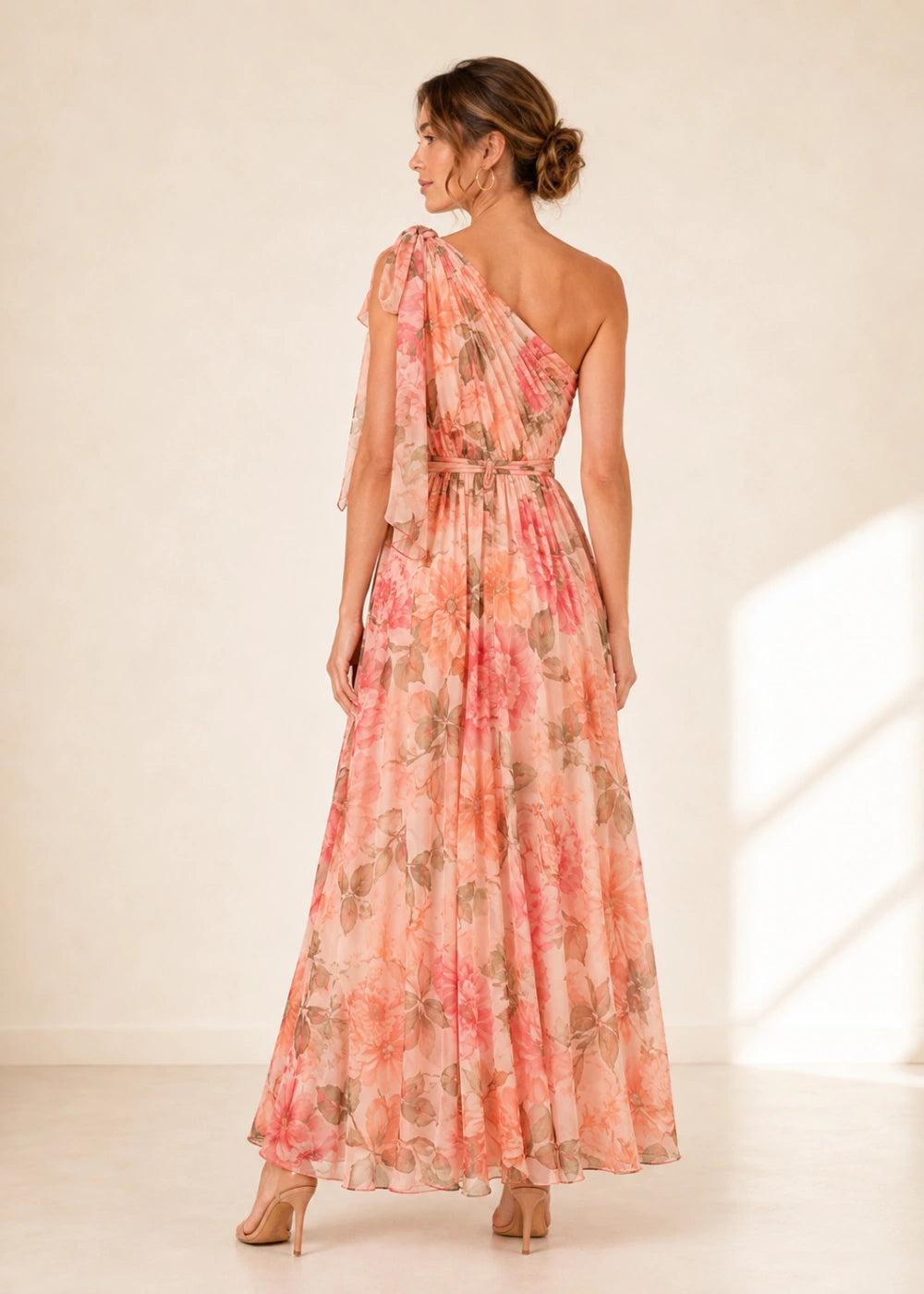 Coral Floral One-Shoulder Chiffon Maxi Dress