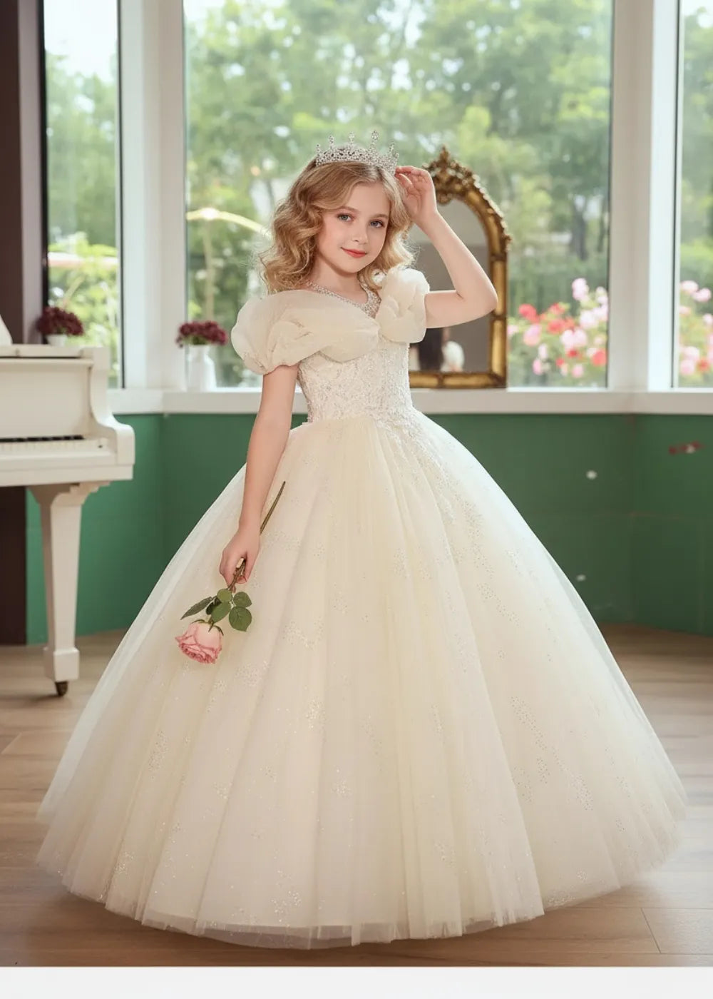 Elegant Puff Sleeve birthday girl dress – Glitter Tulle Princess Gown