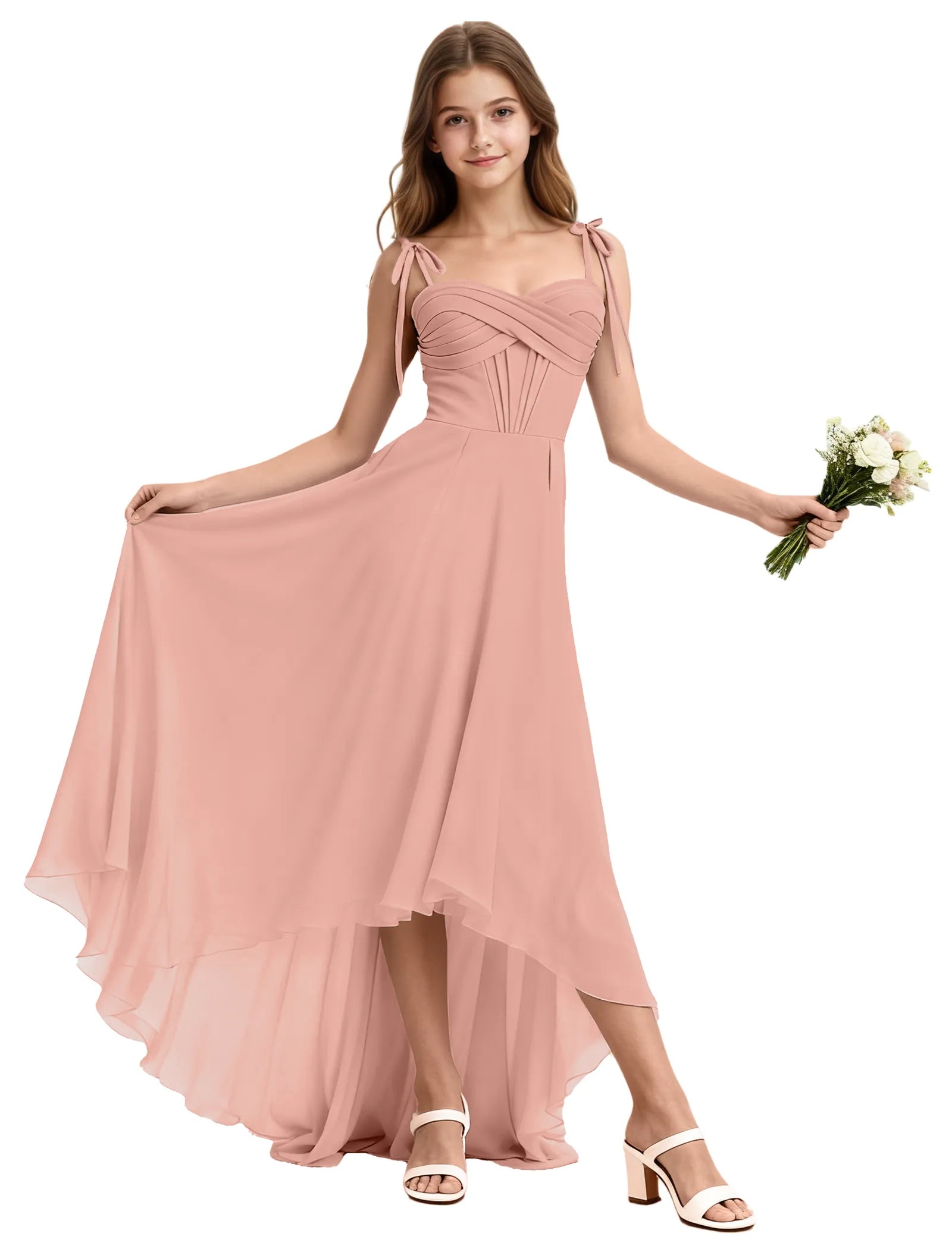 Girls High Low Chiffon Dress with Ruched Bodice