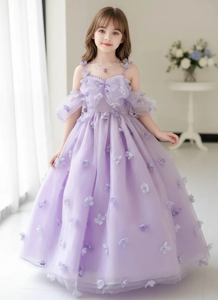 light purple floral dress Off-Shoulder 3D Floral Flower Girl Dress for Weddings & Parties