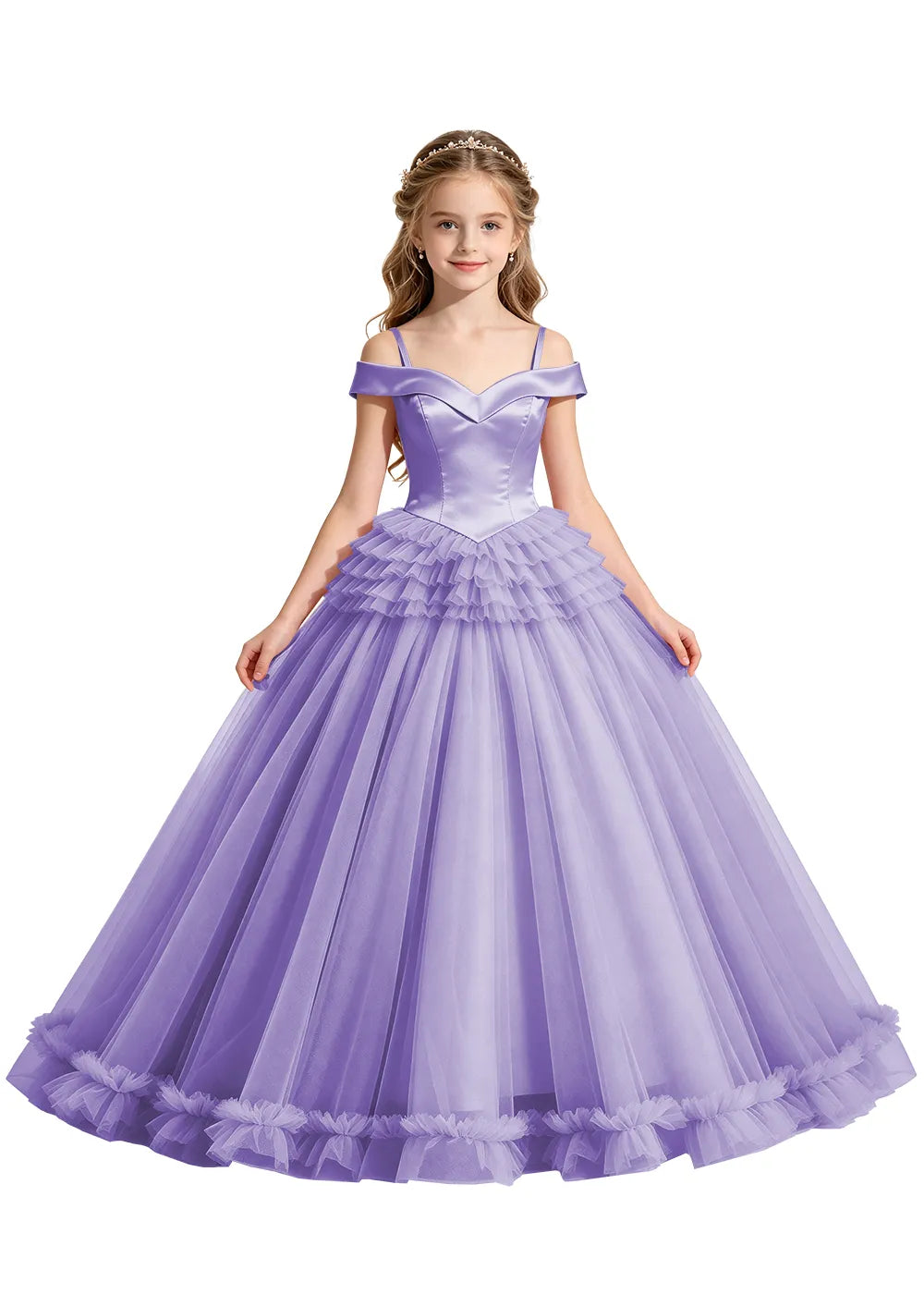 Off-Shoulder Satin Princess Ball Gown for Girls