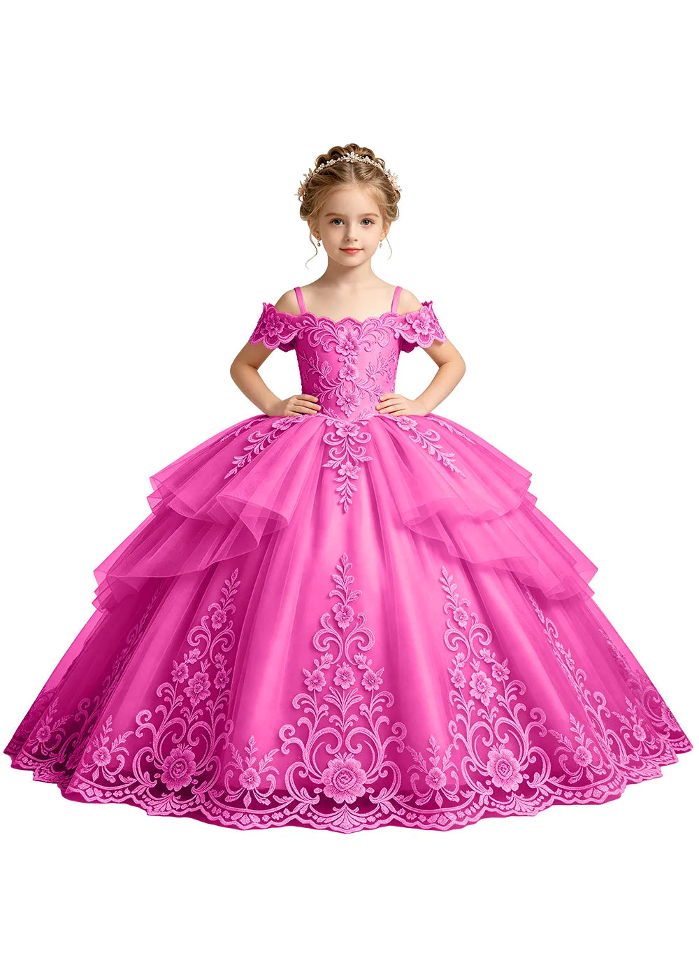 Tiered Floral Lace Princess Ball Gown for Girls