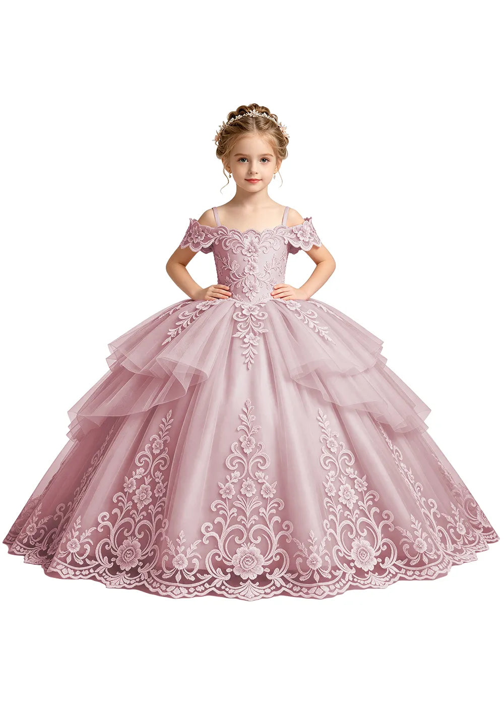 Tiered Floral Lace Princess Ball Gown for Girls