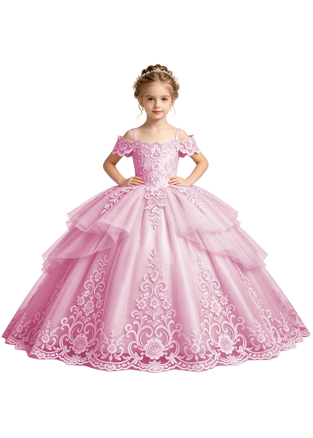 Tiered Floral Lace Princess Ball Gown for Girls