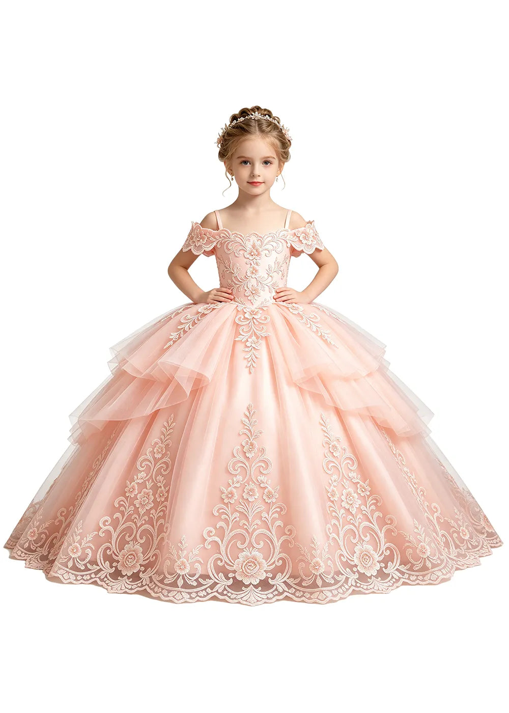 Tiered Floral Lace Princess Ball Gown for Girls