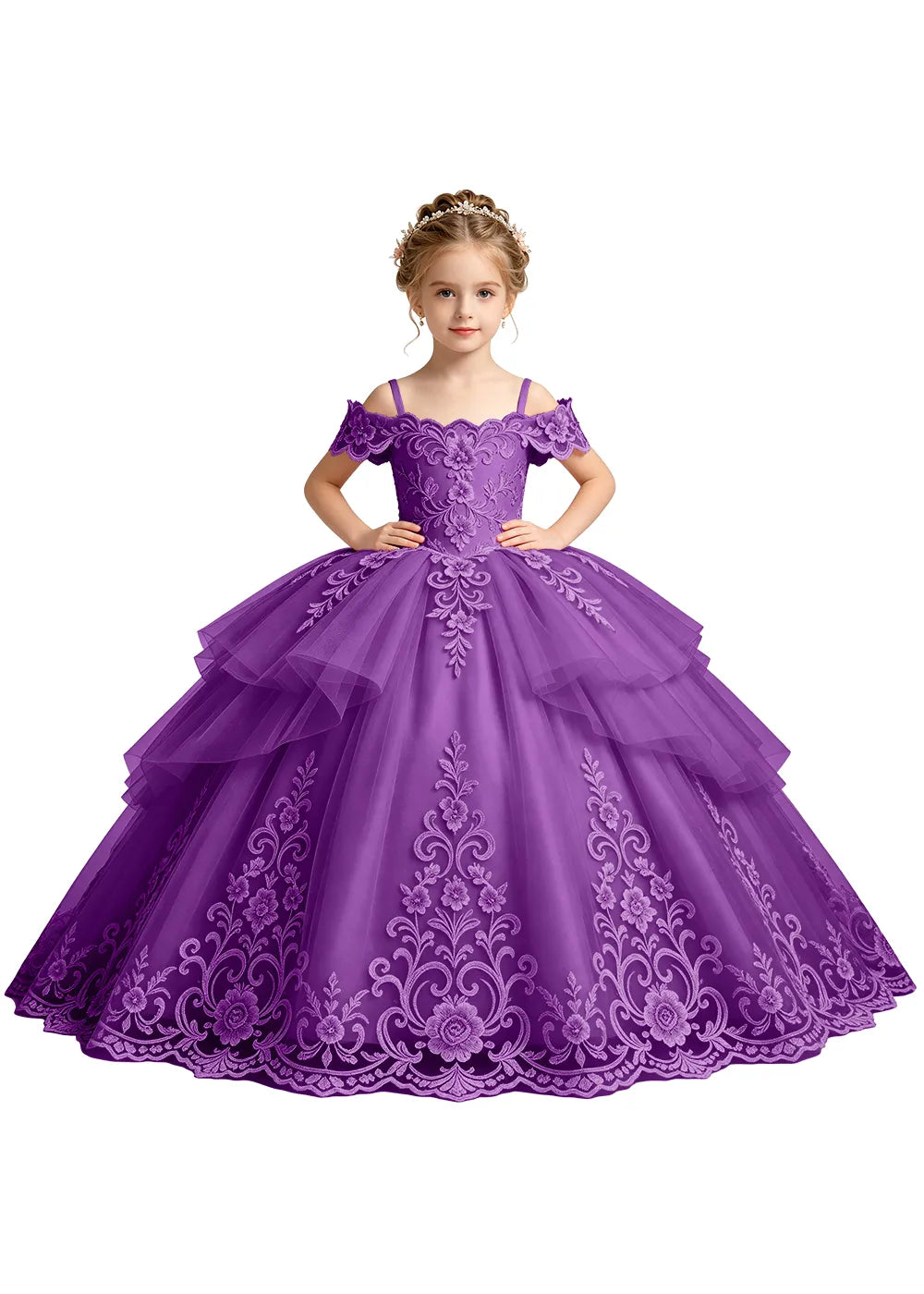 Tiered Floral Lace Princess Ball Gown for Girls