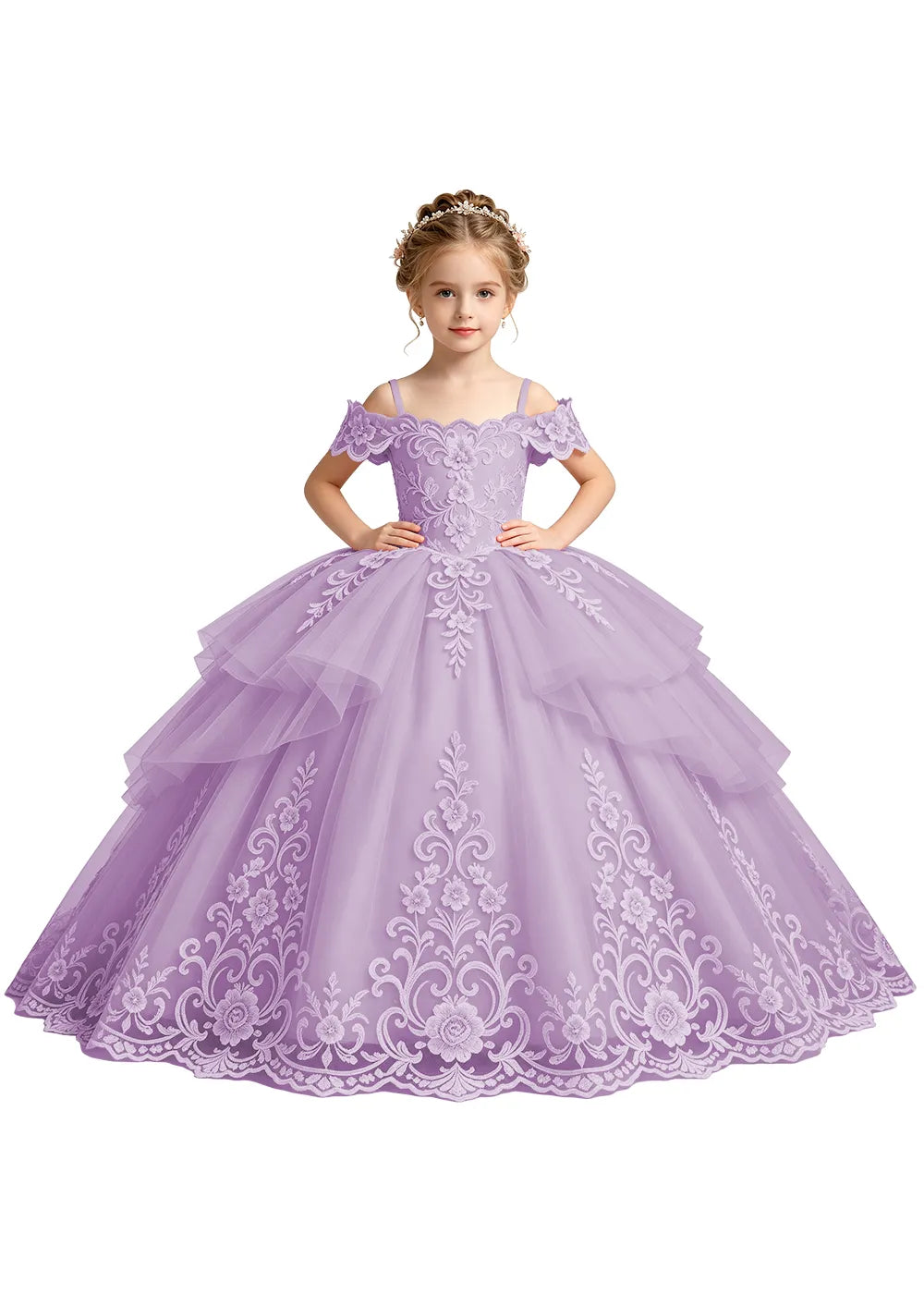Tiered Floral Lace Princess Ball Gown for Girls