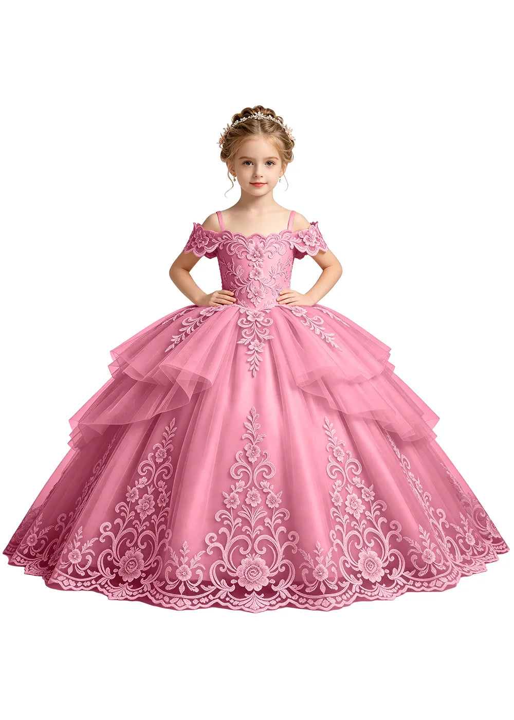 Tiered Floral Lace Princess Ball Gown for Girls