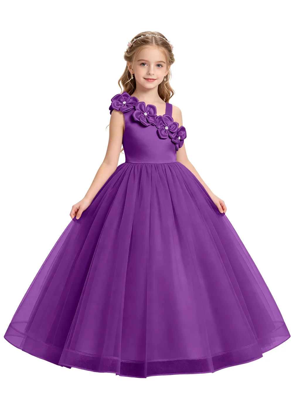 3D Floral One-Shoulder Princess Ball Gown for Girls