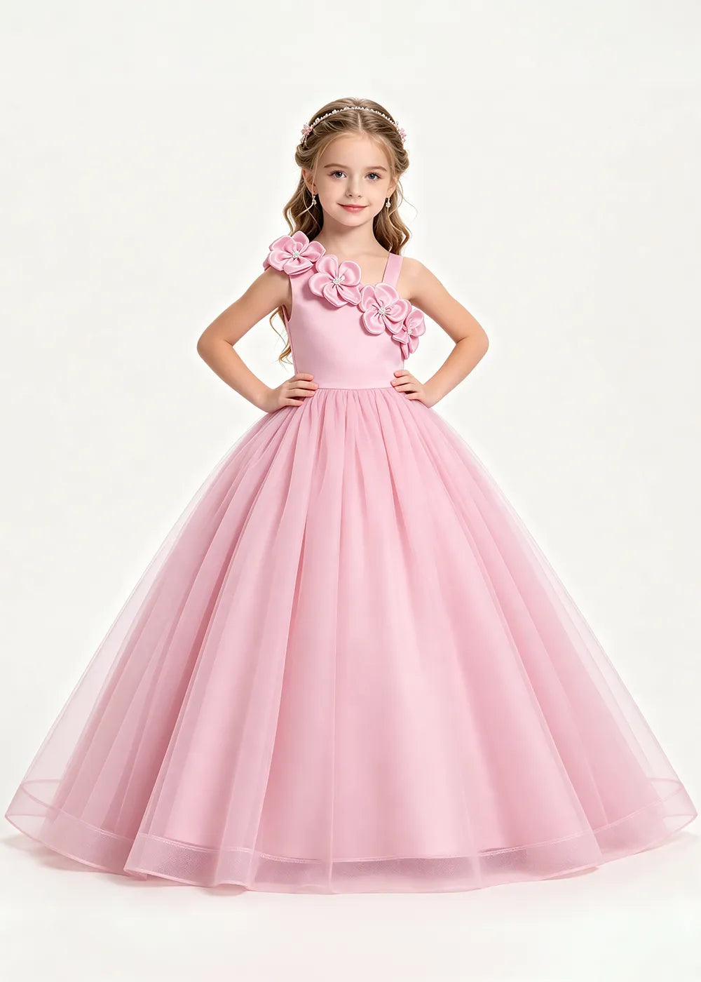 3D Floral One-Shoulder Princess Ball Gown for Girls