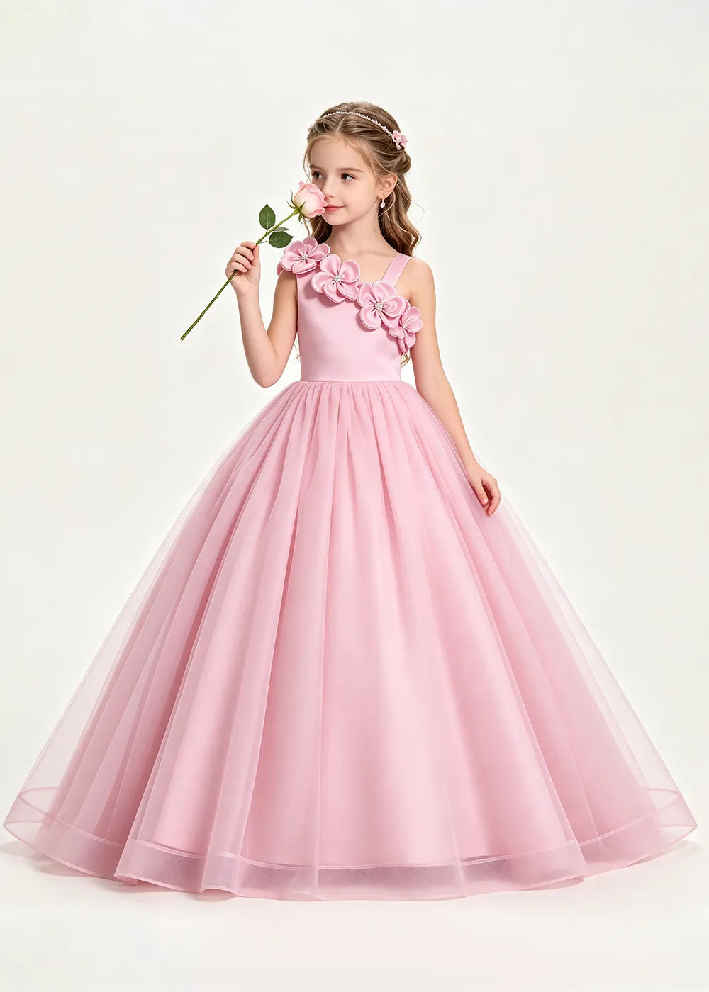 3D Floral One-Shoulder Princess Ball Gown for Girls