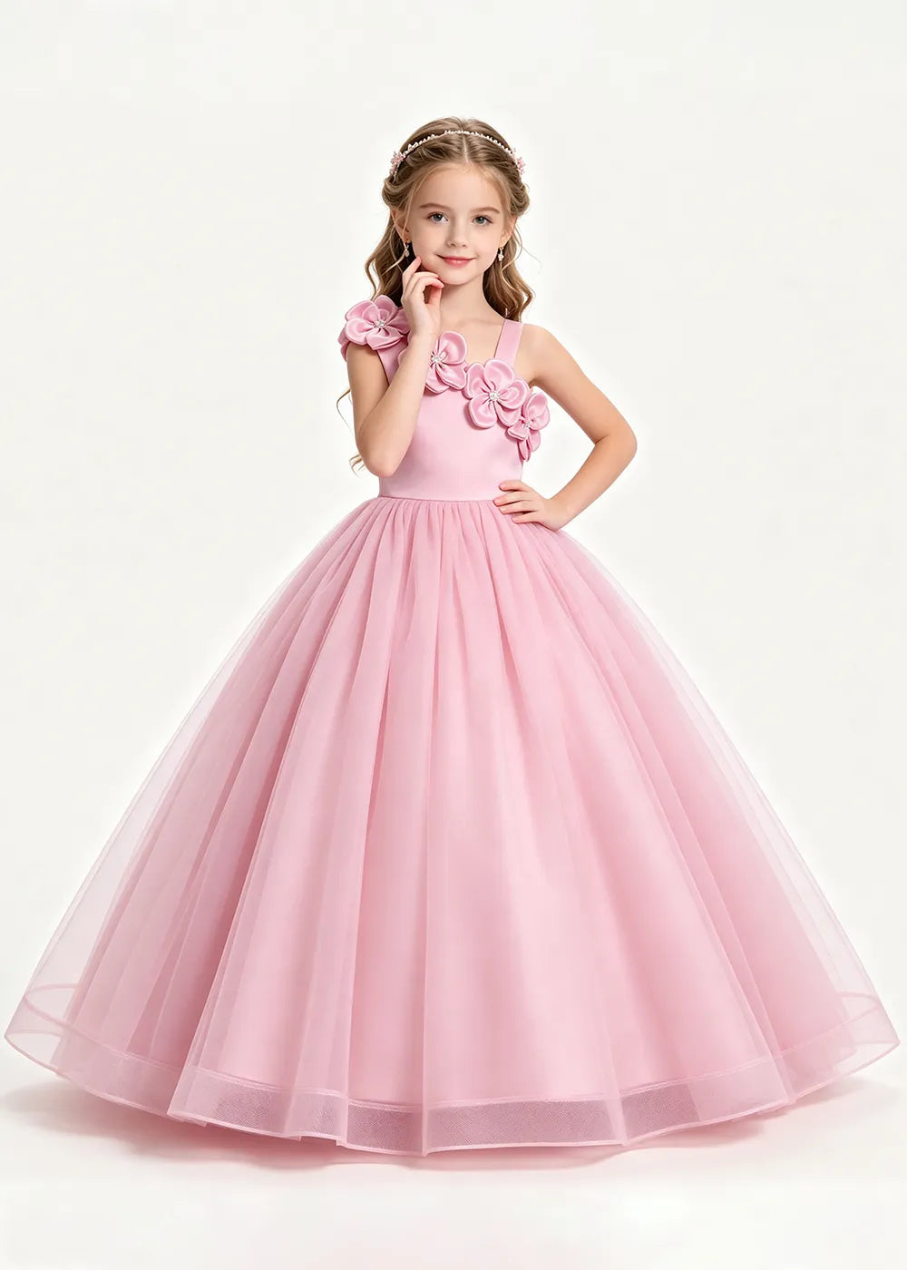3D Floral One-Shoulder Princess Ball Gown for Girls