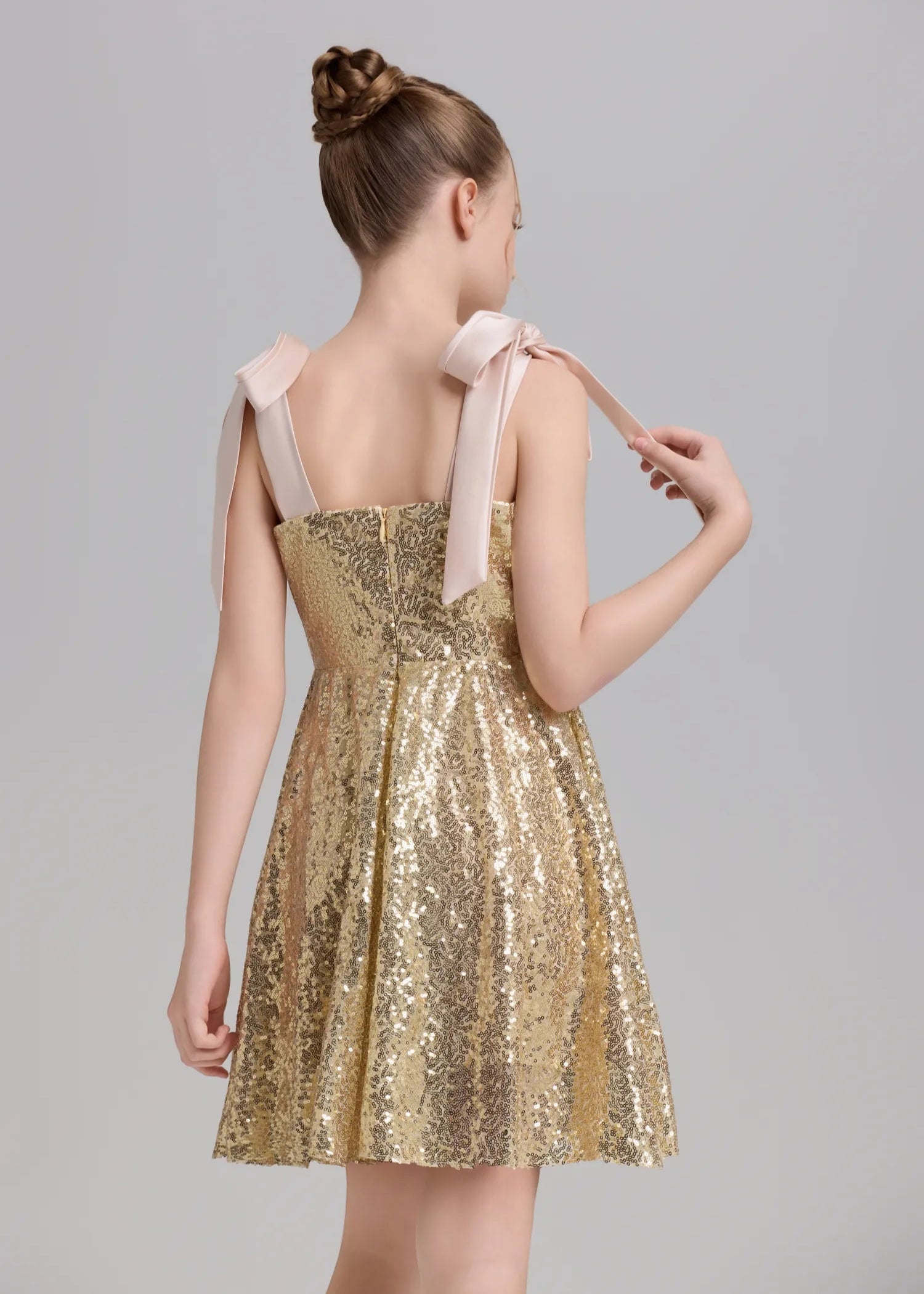 Shop Girls' Holiday Dresses | Gold Sequin & Pink Bow | Fynony Shop Girls' Holiday Dresses | Gold Sequin & Pink Bow | Fynony
