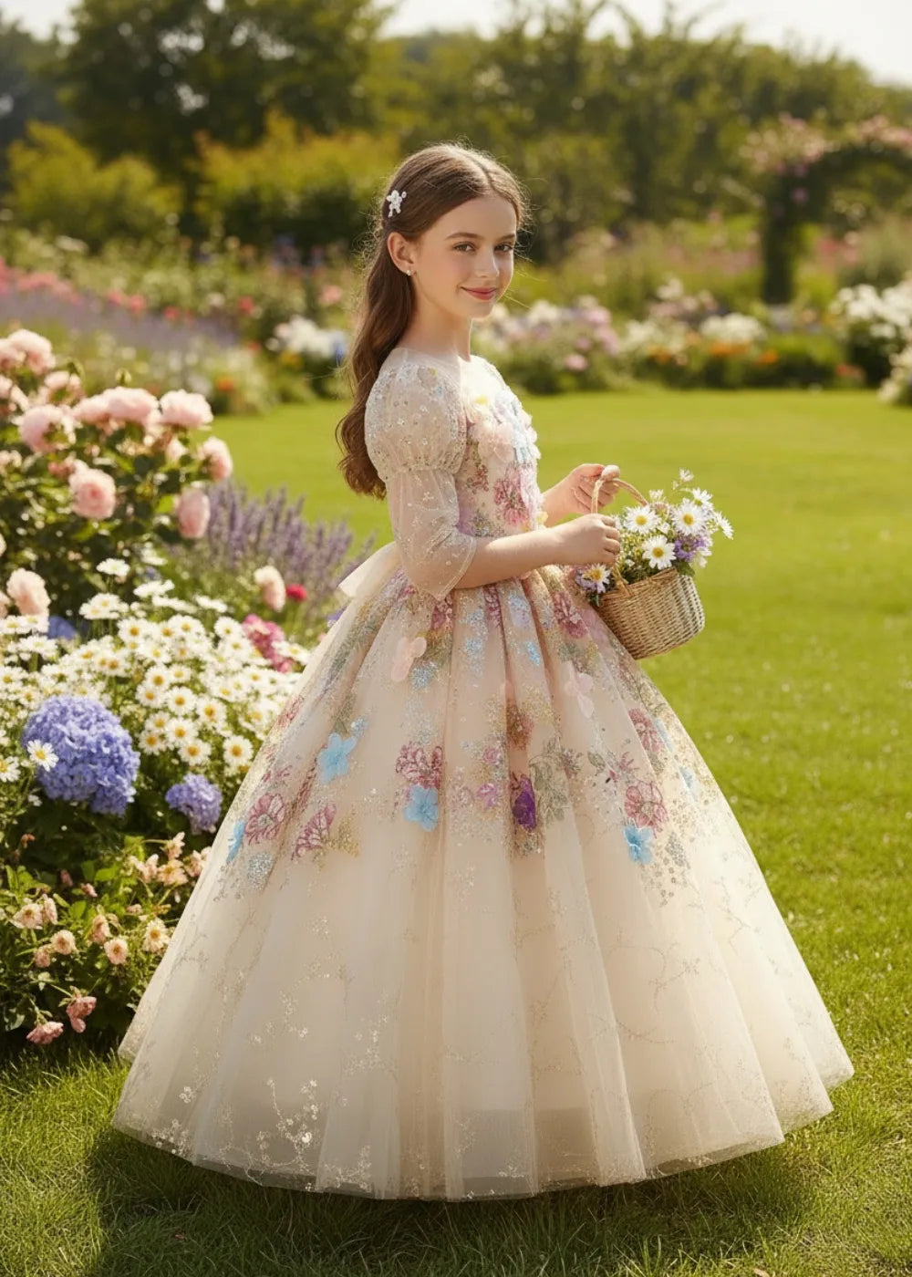 3D Floral Embroidered Princess Tulle Ball Gown