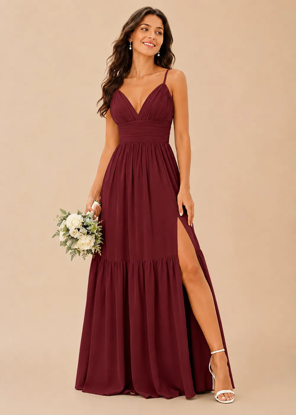 Ruched V-Neck Tiered Chiffon Gown