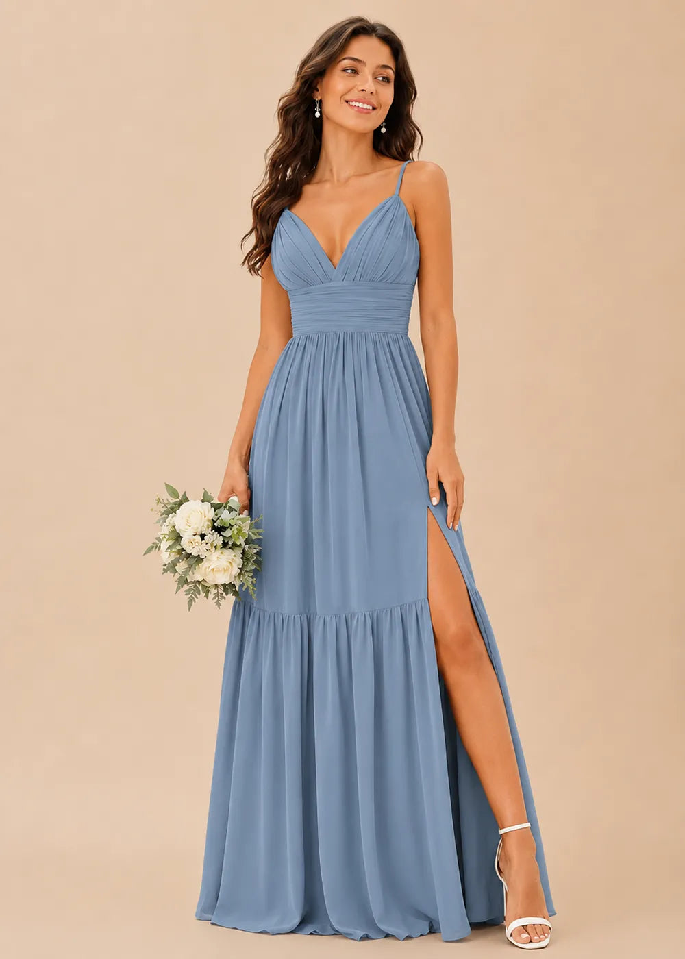 Ruched V-Neck Tiered Chiffon Gown