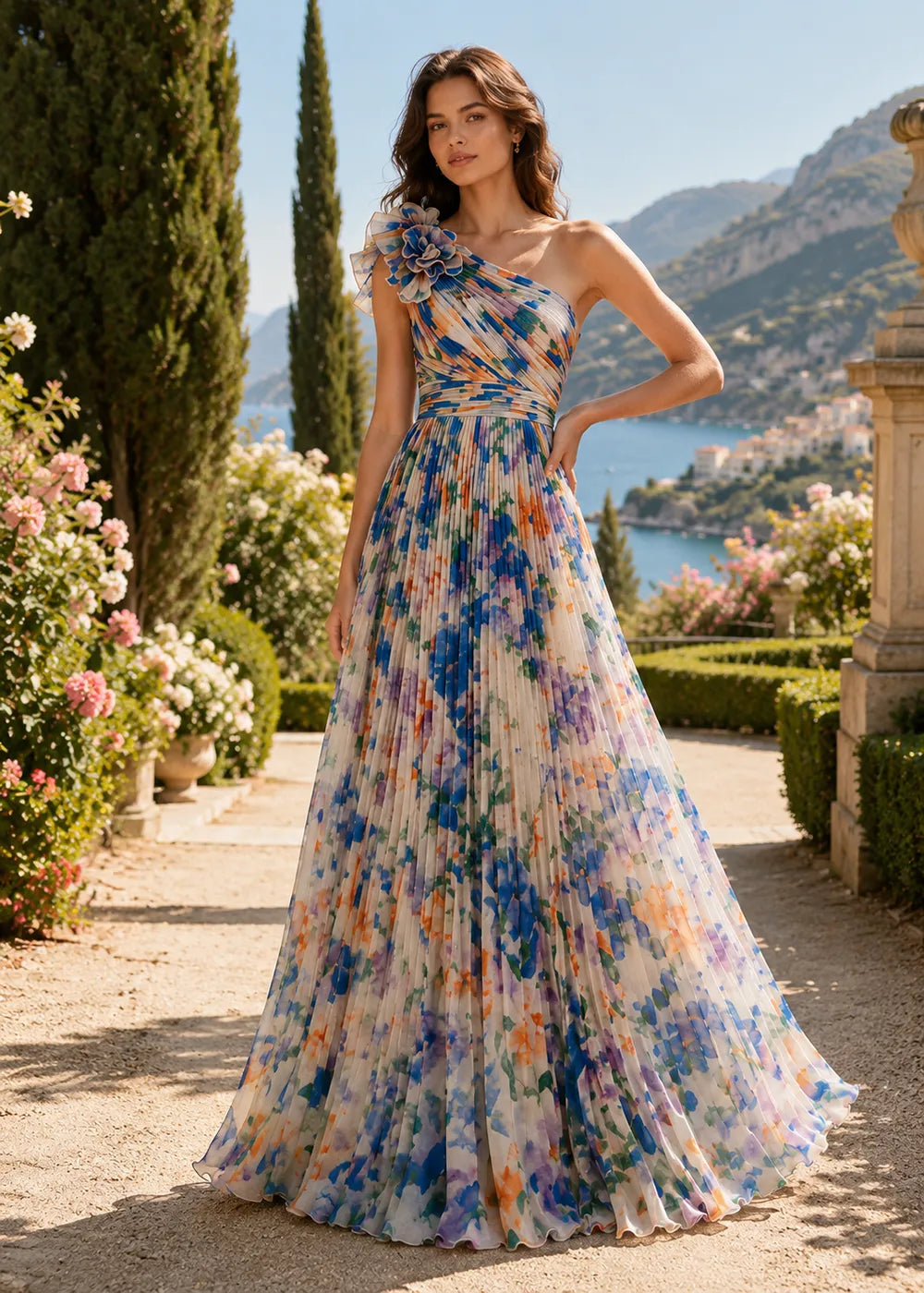 Watercolor Bloom One-Shoulder Pleated Gown