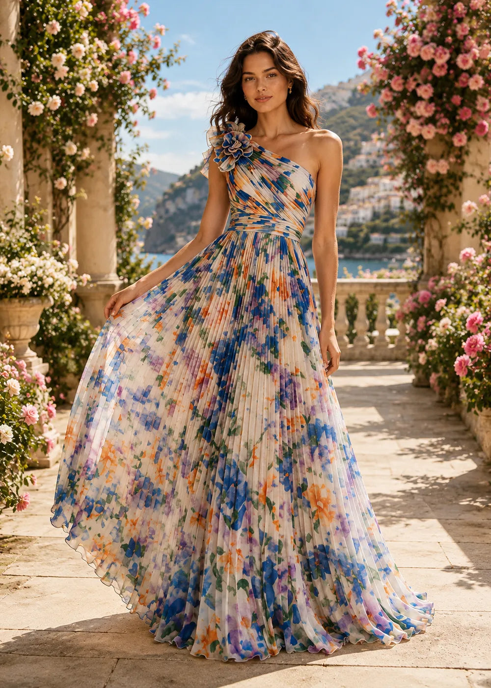 Watercolor Bloom One-Shoulder Pleated Gown