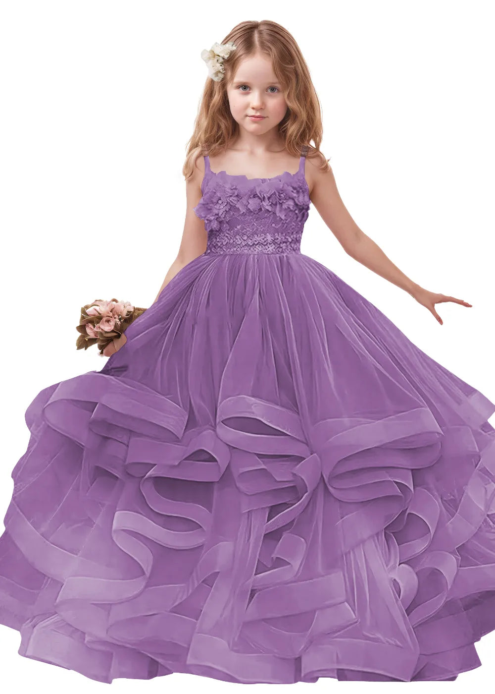 3D Floral & Ruffle Tulle Flower Girl Dress
