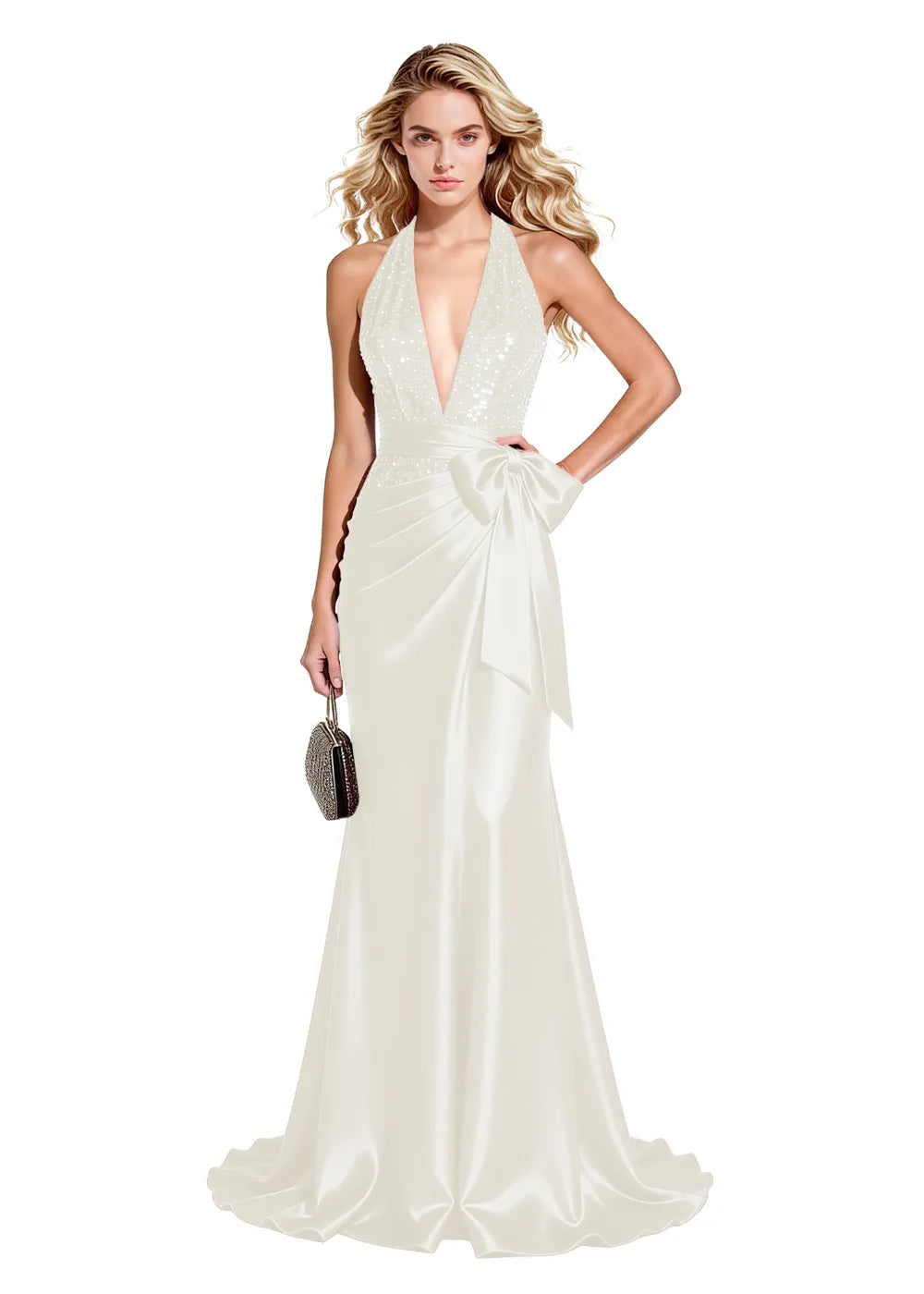 Sequined Halter Evening Dress with Side Bow