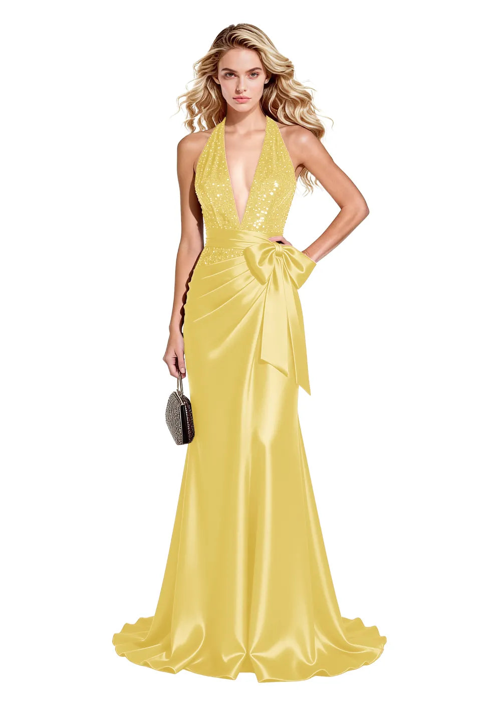 Sequined Halter Evening Dress with Side Bow
