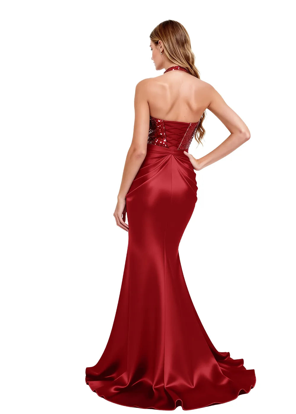 Sequined Halter Evening Dress with Side Bow