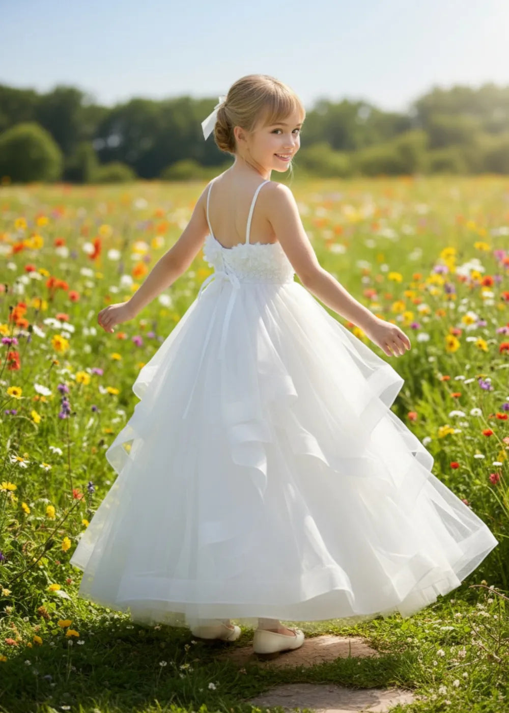 3D Floral & Ruffle Tulle Flower Girl Dress