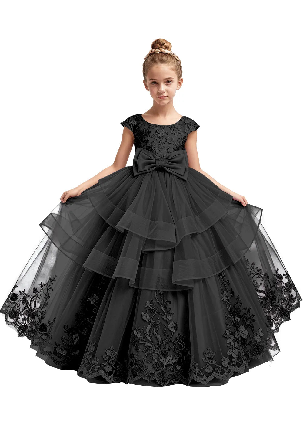 Embroidered Layered Tulle Flower Girl Dress