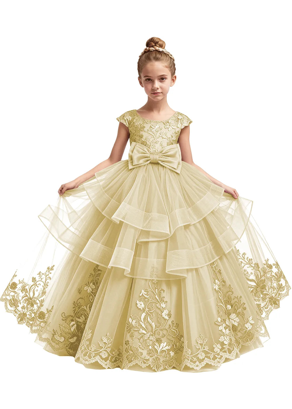 Embroidered Layered Tulle Flower Girl Dress