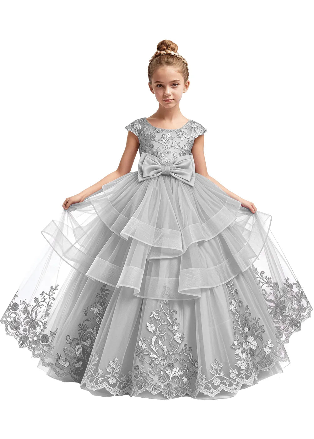 Embroidered Layered Tulle Flower Girl Dress