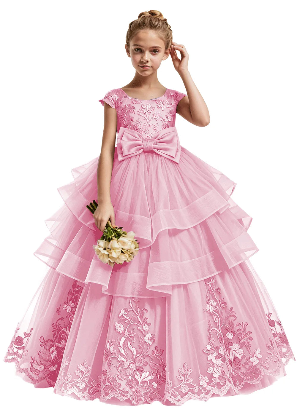 Embroidered Layered Tulle Flower Girl Dress