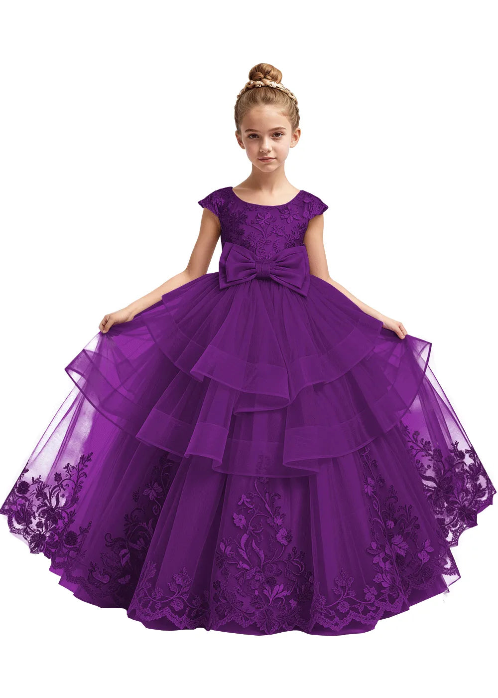 Embroidered Layered Tulle Flower Girl Dress