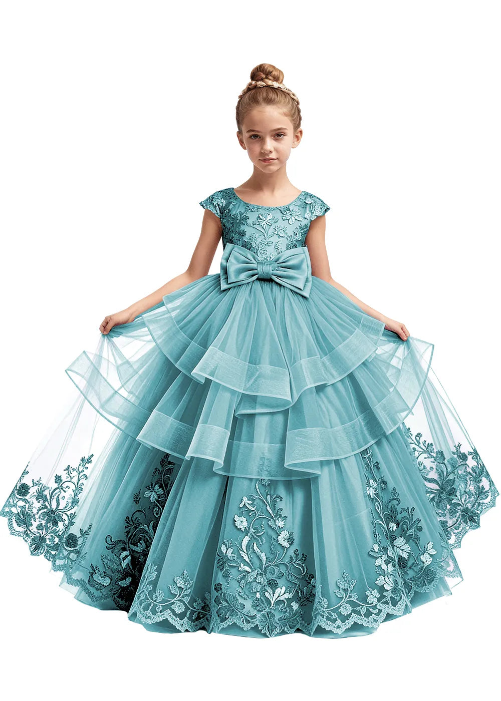 Embroidered Layered Tulle Flower Girl Dress