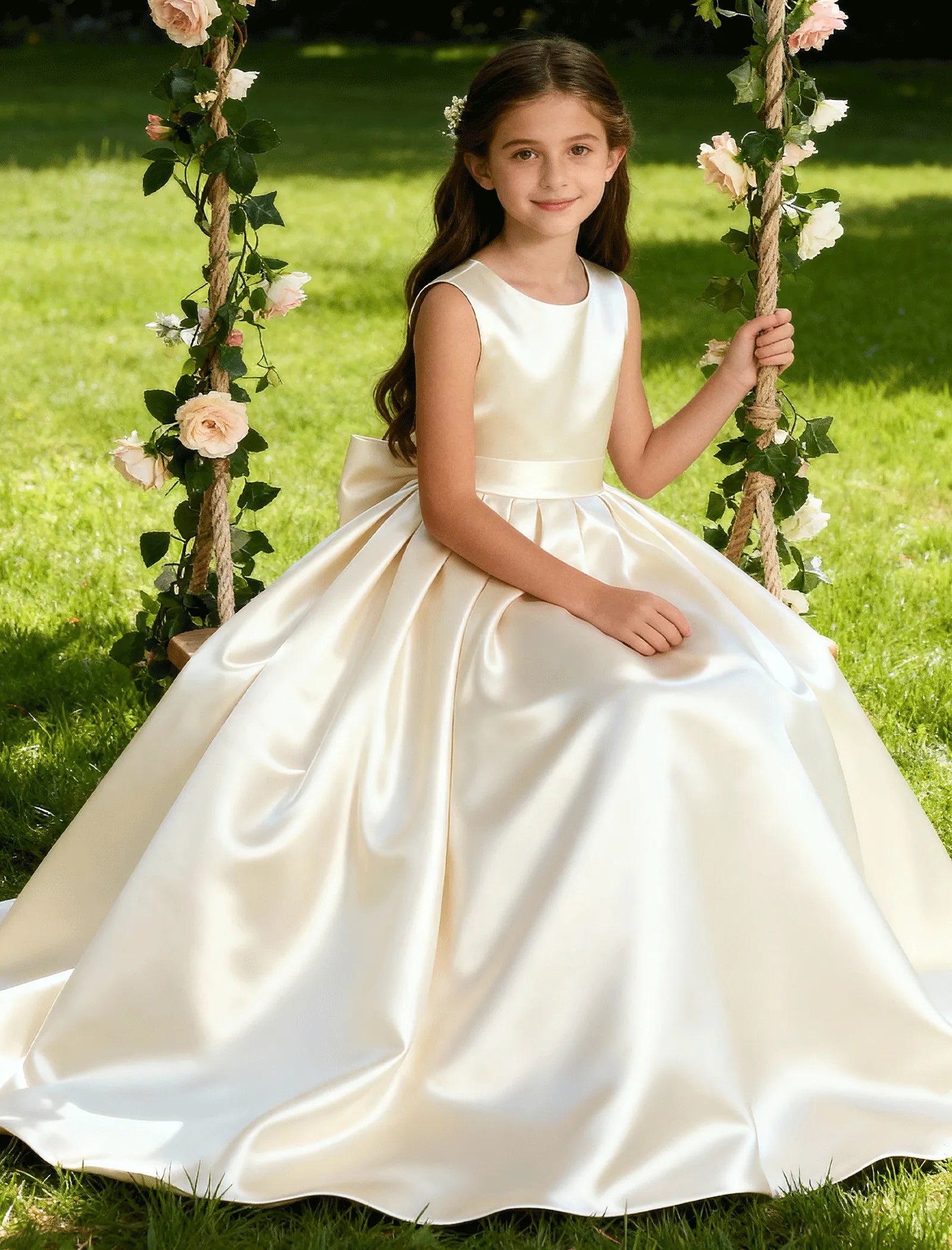 Girls Satin Flower Girl Dress with Oversized Bow