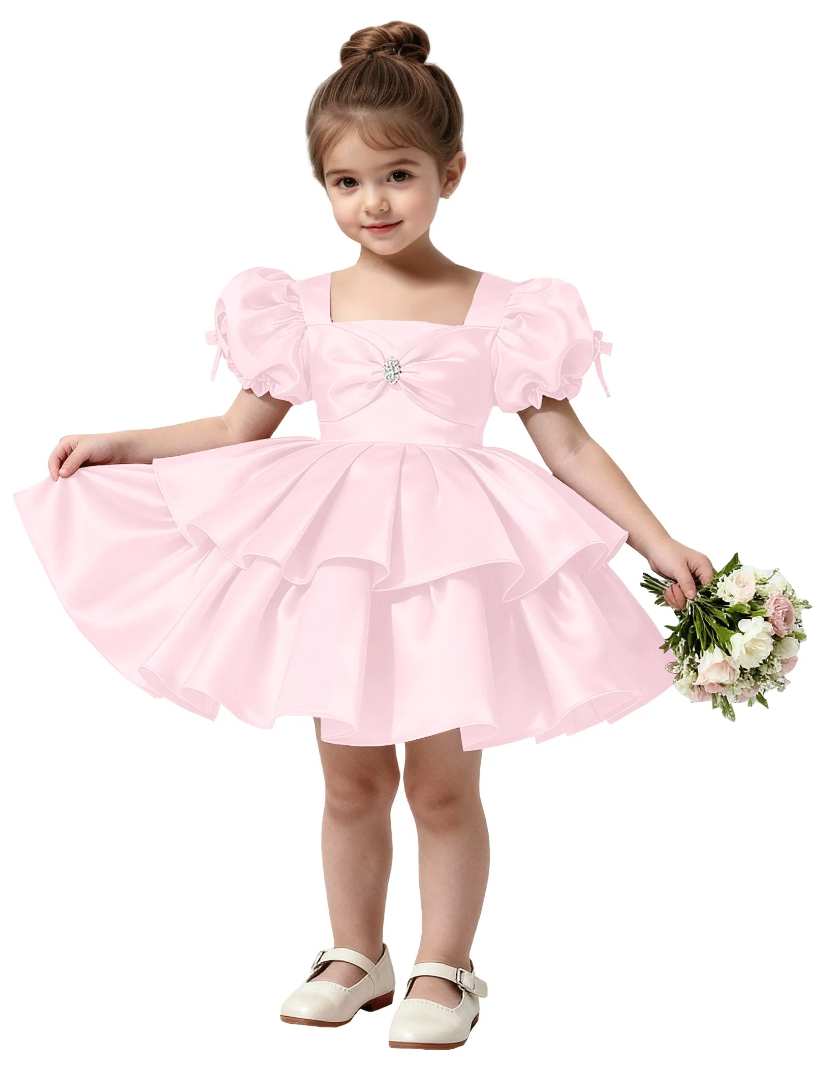 Short Satin Dress for Girls with Big Bow and Pearl Detail