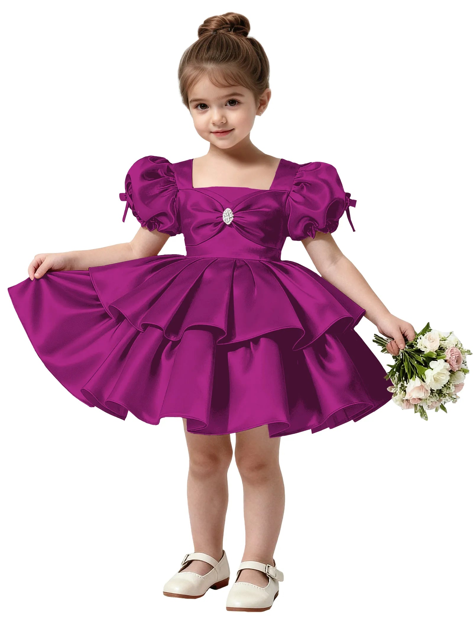 Short Satin Dress for Girls with Big Bow and Pearl Detail