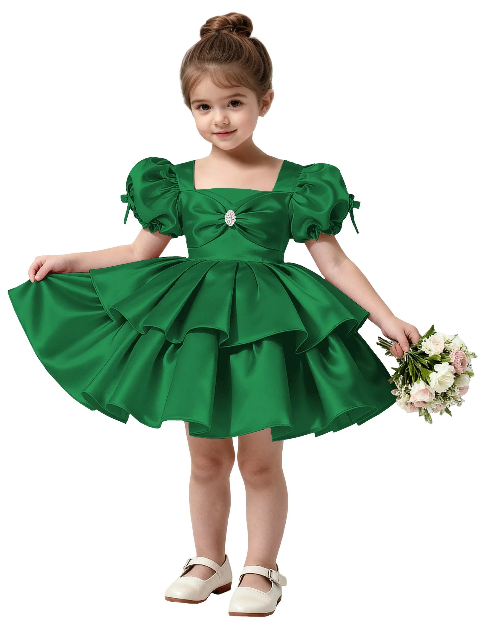 Short Satin Dress for Girls with Big Bow and Pearl Detail