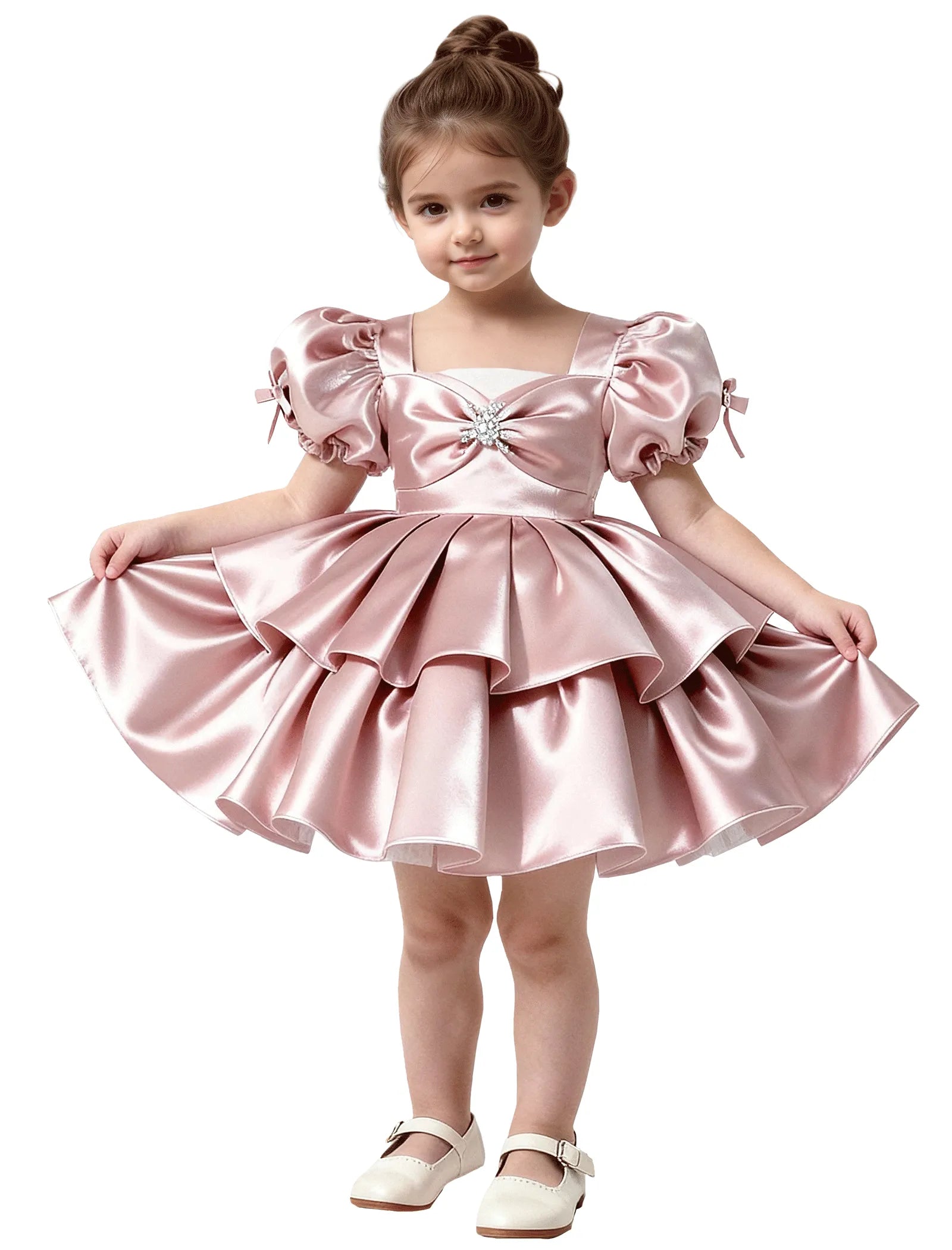 Short Satin Dress for Girls with Big Bow and Pearl Detail
